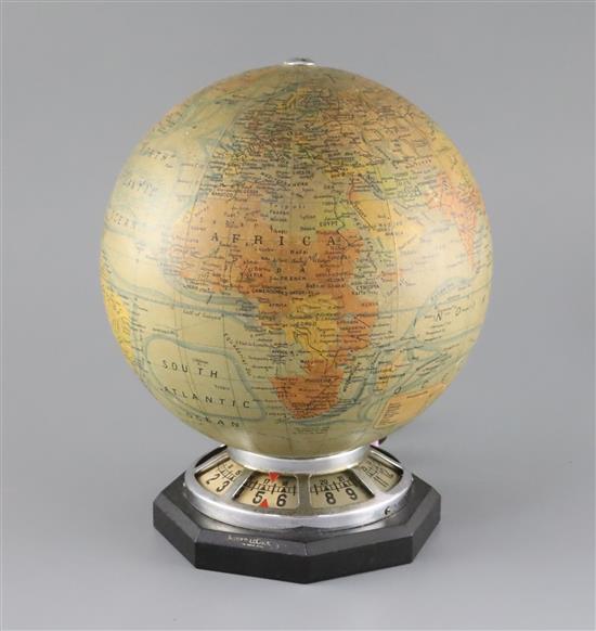 A Jaeger le Coultre electric revolving globe timepiece, H.9.75in.